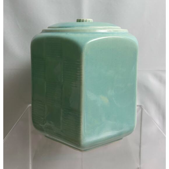 Shawnee USA Late 30s Hexagon Basket Weave Pottery Cookie Jar Aqua Mint Turquoise - Picture 4 of 8